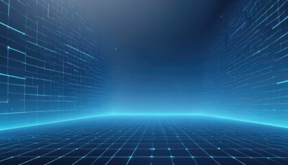 Abstract blue grid perspective design background with lighting. High technology lines landscape connect of future