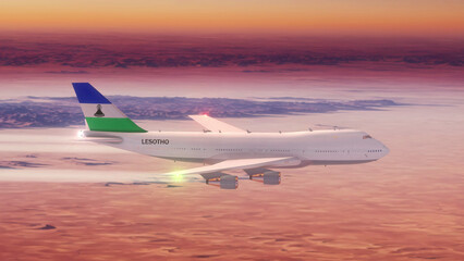 Commercial Airliner Passanger Plane Jumbo Jet Flying over Desert at Sunset with Country Flag Lesotho