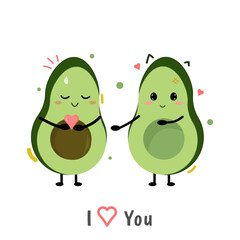 Cute cartoon smilling avocado couple holding heart in hand