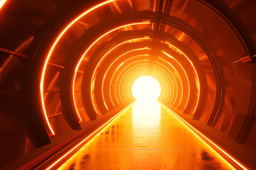 A futuristic tunnel illuminated with vibrant orange lights, leading to a bright, glowing endpoint, evoking a sense of mystery and technological advancement.