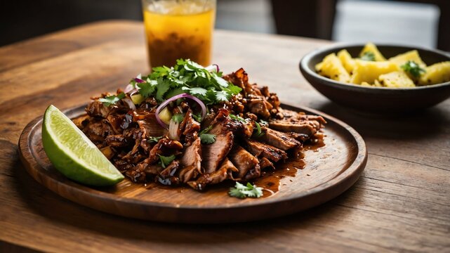 al pastor taco thinly sliced pork marinated in adobo served aesthetically in a wooden plate and table