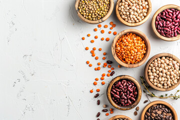 A variety of dry beans, lentils, and chickpeas in wooden bowls forming a colorful circle on a textured white surface.