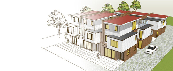 modern cottage town 3D illustration	
