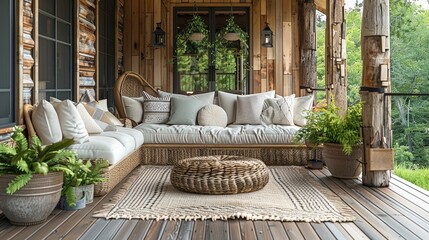 Sofa, Embrace Natural Materials. Natural materials are the cornerstone of rustic decor, bringing an authentic, earthy feel to porch or veranda. Generative AI.