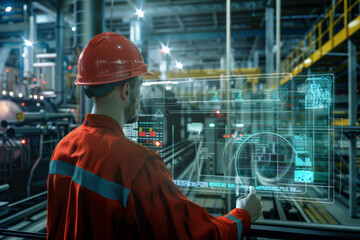 A factory worker in a red uniform interacts with a high-tech holographic control panel in a futuristic industrial setting.