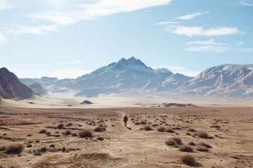 A solitary traveler walks through an expansive, barren desert landscape towards a distant, rugged mountain range under a clear blue sky.