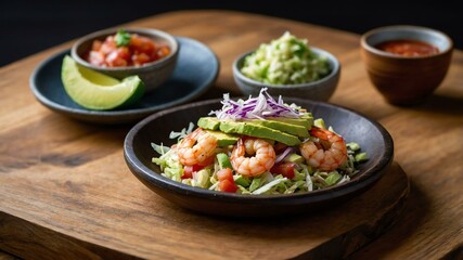 shrimp camaron taco grilled or sauted shrimp served aesthetically in a wooden plate and table
