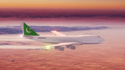 Commercial Airliner Passanger Plane Jumbo Jet Flying over Desert at Sunset with Country Flag...