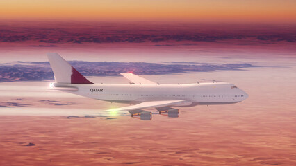 Commercial Airliner Passanger Plane Jumbo Jet Flying over Desert at Sunset with Country Flag Qatar