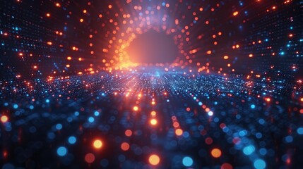 Abstract blue grid perspective design background with lighting. High technology lines landscape connect of future