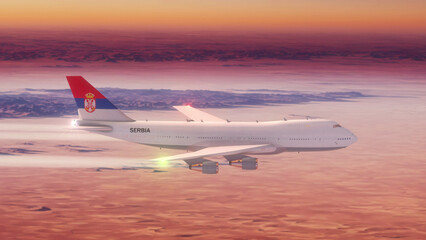 Commercial Airliner Passanger Plane Jumbo Jet Flying over Desert at Sunset with Country Flag Serbia