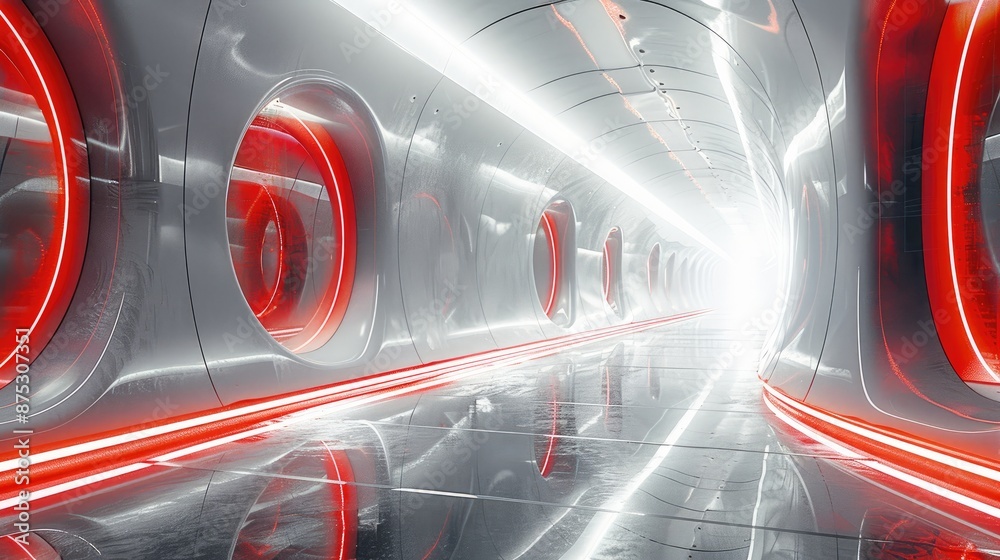 Poster Inside the futuristic ruby space, minimalist, Silver-grey translucent color scheme with a touch of red accent. Generative AI.