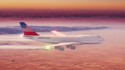 Commercial Airliner Passanger Plane Jumbo Jet Flying over Desert at Sunset with Country Flag United States