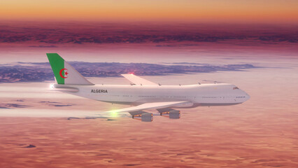 Commercial Airliner Passanger Plane Jumbo Jet Flying over Desert at Sunset with Country Flag Algeria