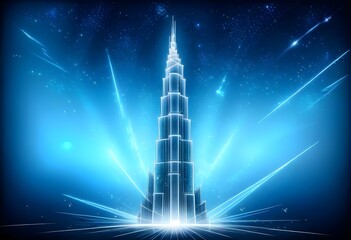 Sckyscraper drawing on a dark Blue background, light on the base, light Lines frame behind It, sparkling aura around It, stars in the background 