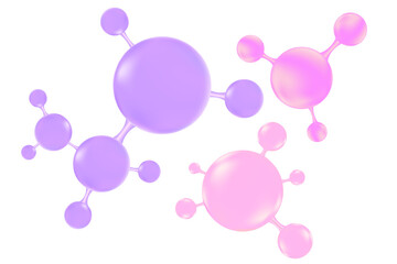 Pink, violet glowing molecule set of hyaluronic acid or collagen, nano 3D cell with glass texture, vector bio scientific icon. Cosmetology treatment isolated elements. Beauty science, skin carePink, v