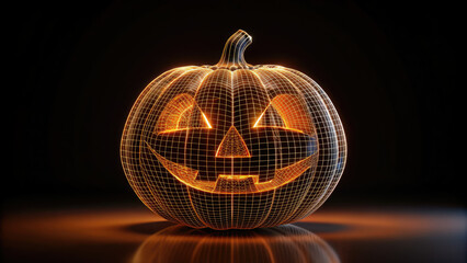 Obraz premium wireframe 3D orange pumpkin Jack-o'-lantern on a black background, Halloween, symbol, scary face, holiday, October 31, All Saints' Day, design, decor, technological, lantern, fear, celebration