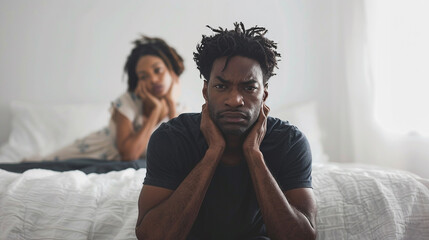 Obraz premium Couple have a problem in the bedroom a man sitting on the edge of the bed with his wife in the back unsatisfied