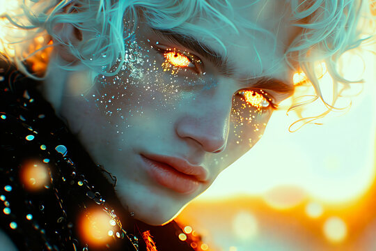 Handsome young man with fiery eyes, vampire, gay, costume party, invitation