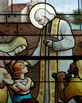 Stained glass of St. John Marie Vianney, Priest of Ars. Vitrail moderne de Saint Jean-Marie Vianney, Cur&eacute; d'Ars. Paris