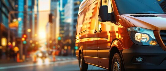A close-up of a red van navigating city streets during golden hour captures the essence of urban life and mobility