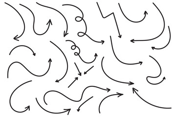 Arrow vector hand drawn sketch icon set. Doodle sketch hand drawn direction element set. Pencil doodle flat line design cartoon elements. Scribble swirl arrow sign. Vector illustration