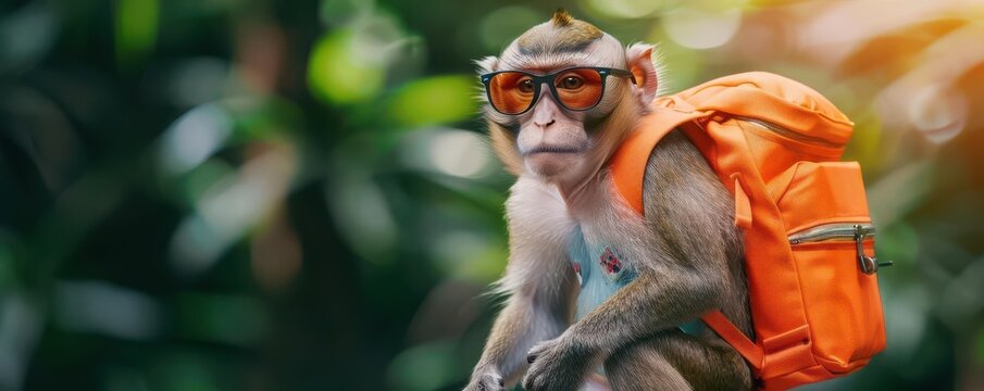 A monkey wearing an orange backpack and sunglasses in a tropical forest, enjoying the sunlight
