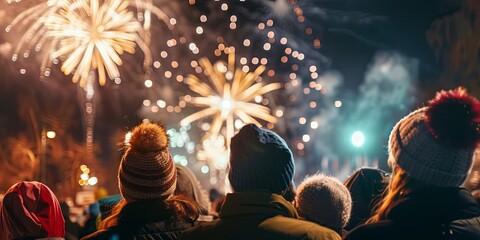People watching fireworks display in the night sky.