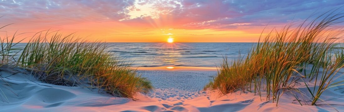 Tranquil sunset over beach sand dunes with path leading to ocean serene travel destination beauty and nature scene