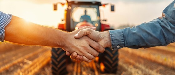 Two farmers shake hands in a sunlit field with a tractor in the background, symbolizing a successful partnership