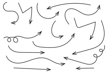 Arrow vector hand drawn sketch icon set. Doodle sketch hand drawn direction element set. Pencil doodle flat line design cartoon elements. Scribble swirl arrow sign. Vector illustration.