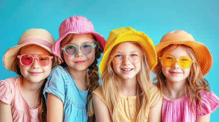 Fototapeta premium Children girlfriends, smiling cheerfully, in casual summer clothes and fashionable sunglasses. 