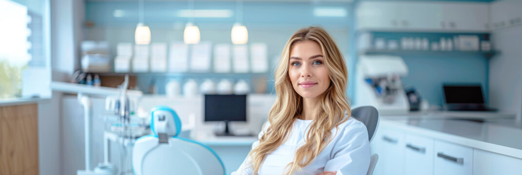 Banner, attractive female dentist in a white uniform on the background of a modern dental office. Image for a dental clinic website, advertising dentist services.	