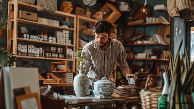Businessman setting up merchandise in a cozy store