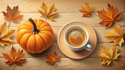 autumn still life with pumpkin and a cup of coffee, fall, cafe, table, restaurant, seasonal drink, cappuccino, espresso, latte, yellow leaves, food photo, illustration, drawing, beige, orange, art