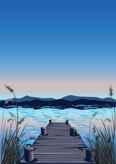 Obraz premium An old wooden pier in the reeds against the backdrop of a beautiful sunset. Vertical vector illustration of beautiful nature.