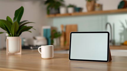 Fototapeta premium An iPad mockup with a white screen on a kitchen counte with a blurred modern kitchen setting