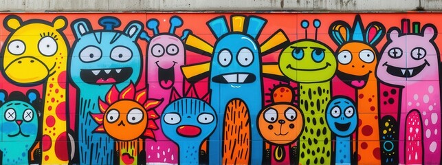 Graffiti wall with cartoon animals, bold spray paint colors, street art concept, isolated, urban backdrop, professional photo shoot, ideal for advertising
