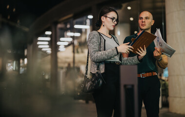 Two business professionals collaborate late at night in an urban setting, discussing documents and using a tablet to review information.