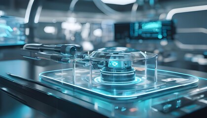 a futuristic surgical tool transparent design revealing intricate internal mechanisms floating icons representing 5G machine learning and AI surgeon in the background