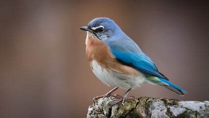 A blue bird with a blue and orange breast sits on a log