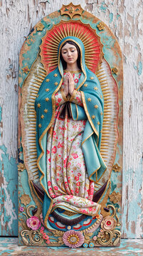Virgin of Guadalupe Retable. Dark hair gentle face blue robe radiant glow