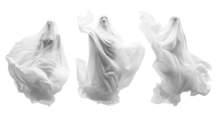 Three white ghost silhouettes on a transparent background, perfect for Halloween-themed designs or spooky digital art projects.