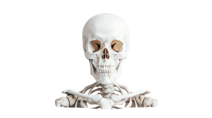 Human skeleton isolated on white background, complete skull and upper body bones, medical illustration, anatomy study tool.