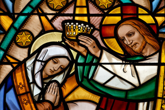 The Coronation of the Virgin Mary, Mother of God, in heaven by the Holy Trinity. Le Couronnement de la Vierge Marie, M&egrave;re de Dieu, au paradis par la Sainte Trinit&eacute;.