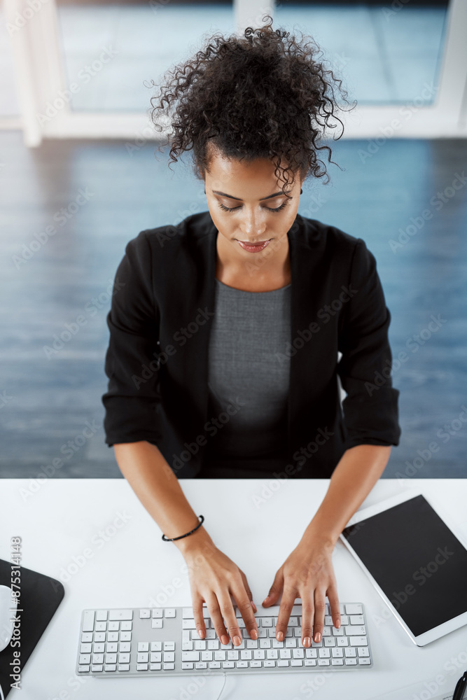 Poster tablet, hands and top view of attorney, computer and keyboard with contract for deal agreement. lawy