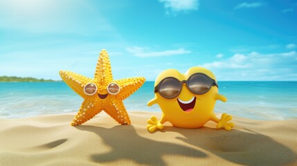 Two cute cartoon starfish wearing sunglasses
