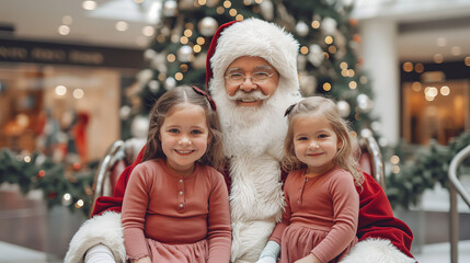 photo of smiling cute young twin girls sitting on Santa's lap, in a mall setting