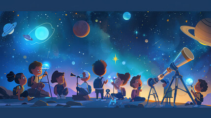 Naklejka premium Friendly cartoon astronomers celebrating Astronomy Day under a starry night sky with telescopes and planet models, enjoying laughter and camaraderie in a fun group gathering.