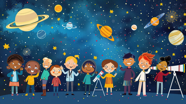 Friendly cartoon astronomers celebrating Astronomy Day under a starry night sky with telescopes and planet models, enjoying laughter and camaraderie in a fun group gathering.